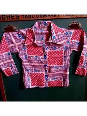 Vintage Gitls 5 5T 1970's Hippy Shirt Sears Perma-Press Kids Floral Patch print